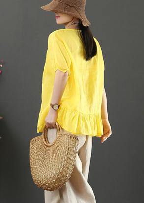 Women yellow embroidery linen tops for women o neck loose shirt - bagstylebliss