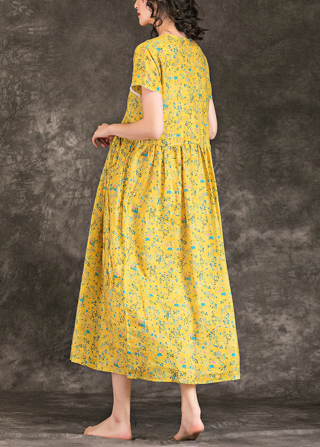 Women Yellow Floral Chiffon Dress Fine Design V Neck Tie Waist Chiffon Summer Dress