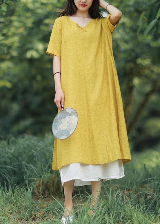 Women yellow linen cotton Robes v neck side open Art summer Dress - bagstylebliss