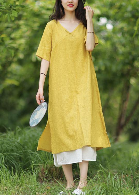 Women yellow linen cotton Robes v neck side open Art summer Dress - bagstylebliss