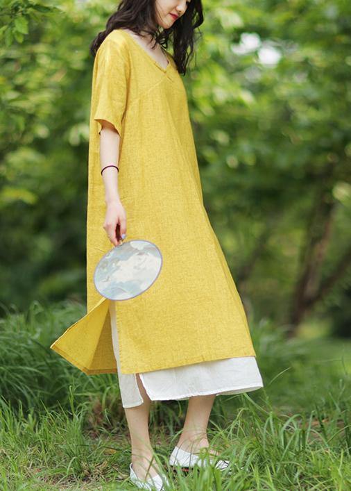 Women yellow linen cotton Robes v neck side open Art summer Dress - bagstylebliss