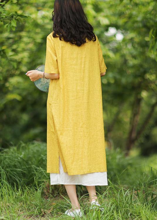 Women yellow linen cotton Robes v neck side open Art summer Dress - bagstylebliss