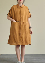 Women yellow linen dress lapel pockets Plus Size summer Dresses - bagstylebliss