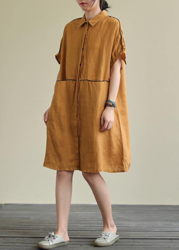 Women yellow linen dress lapel pockets Plus Size summer Dresses - bagstylebliss