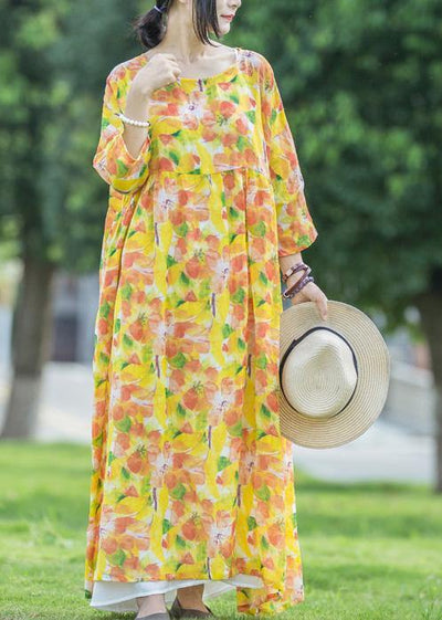 Women yellow print linen dresses o neck asymmetric Traveling summer Dresses - bagstylebliss