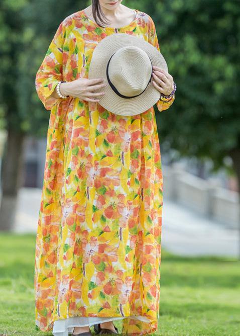 Women yellow print linen dresses o neck asymmetric Traveling summer Dresses - bagstylebliss