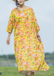 Women yellow print linen dresses o neck asymmetric Traveling summer Dresses - bagstylebliss