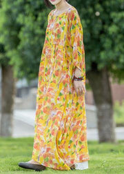 Women yellow print linen dresses o neck asymmetric Traveling summer Dresses - bagstylebliss