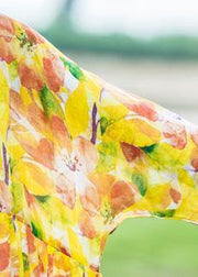 Women yellow print linen dresses o neck asymmetric Traveling summer Dresses - bagstylebliss