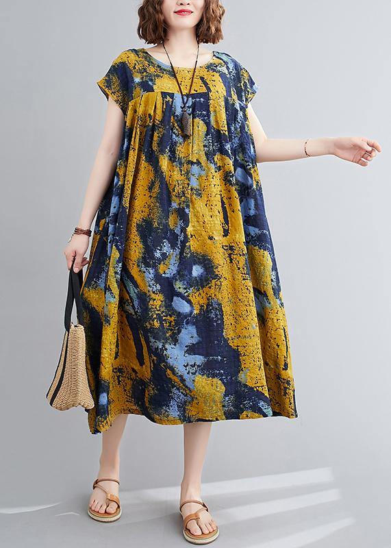 Women yellow print quilting dresses o neck Cinched Maxi summer Dress - bagstylebliss