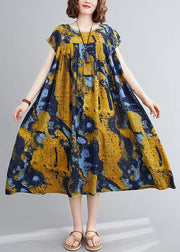 Women yellow print quilting dresses o neck Cinched Maxi summer Dress - bagstylebliss