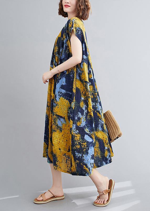 Women yellow print quilting dresses o neck Cinched Maxi summer Dress - bagstylebliss