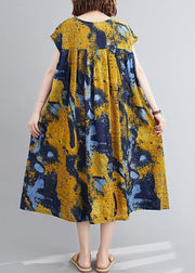 Women yellow print quilting dresses o neck Cinched Maxi summer Dress - bagstylebliss