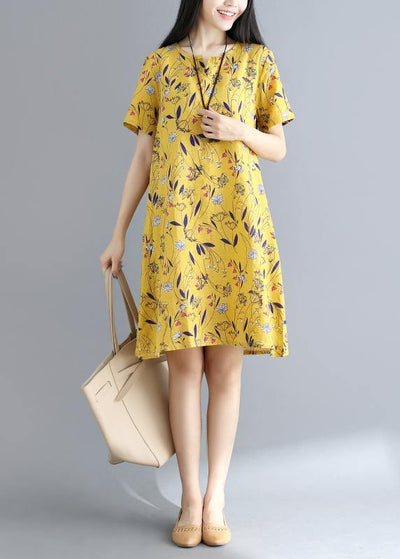 Women yellow prints Cotton clothes loose waist daily summer Dress - bagstylebliss