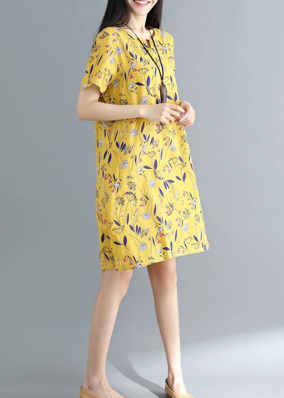 Women yellow prints Cotton clothes loose waist daily summer Dress - bagstylebliss