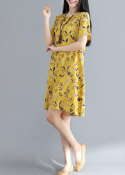 Women yellow prints Cotton clothes loose waist daily summer Dress - bagstylebliss