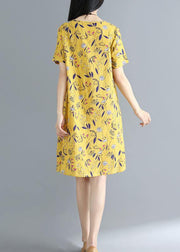 Women yellow prints Cotton clothes loose waist daily summer Dress - bagstylebliss