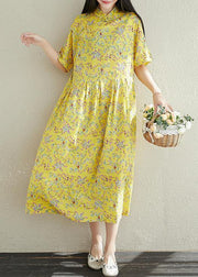 Women yellow prints cotton clothes For Women stand collar A Line summer Dresses - bagstylebliss