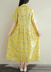 Women yellow prints cotton clothes For Women stand collar A Line summer Dresses - bagstylebliss