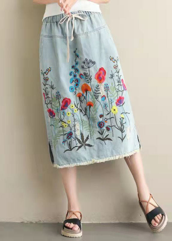 Women Light Blue Embroideried Pockets A-Line Summer Denim Skirts