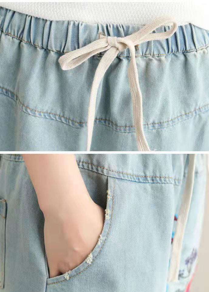 Women Light Blue Embroidered Pockets A-Line Summer Denim Skirts