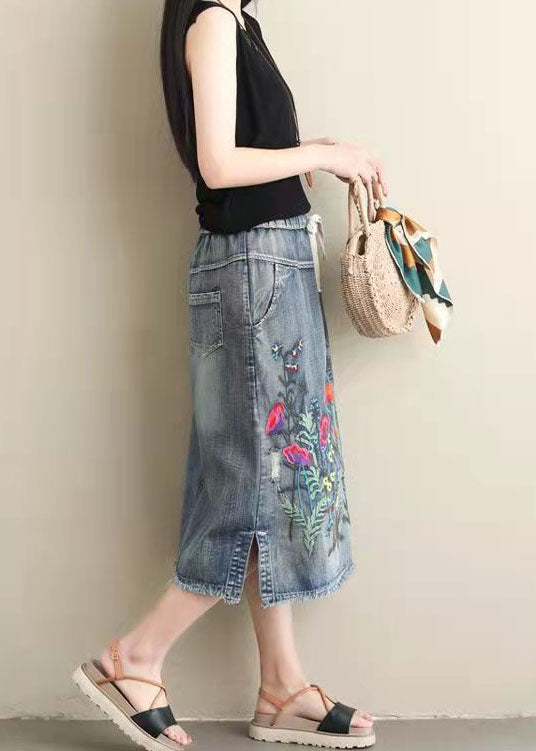 Women Light Blue Embroideried Pockets A-Line Summer Denim Skirts