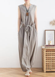 Women's 2021 spring and summer new drawstring waist gray jumpsuit wide-leg pants - bagstylebliss