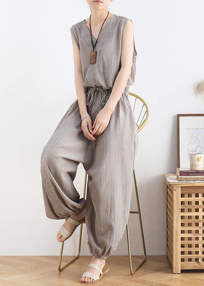 Women's 2021 spring and summer new drawstring waist gray jumpsuit wide-leg pants - bagstylebliss