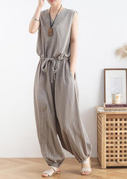 Women's 2021 spring and summer new drawstring waist gray jumpsuit wide-leg pants - bagstylebliss