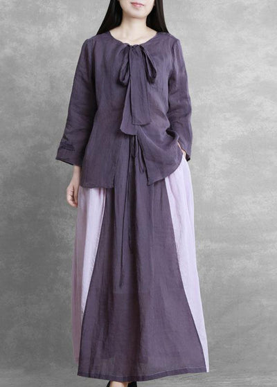 Women's Autumn Purple Suit Lace-up Three-quarter Sleeve Shirt Contrasting Color Sweater Skirt - bagstylebliss