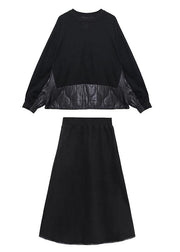 Women's Retro Winter Fashion Black Patchwork sweater skirt two piece set - bagstylebliss