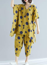 Women's art yellow dot print long T-shirt top + casual cotton wide leg pants - bagstylebliss