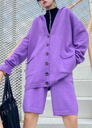 Women's autumn plus size fashion knitted cardigan shorts purple two-piece - bagstylebliss