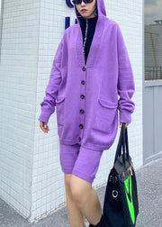 Women's autumn plus size fashion knitted cardigan shorts purple two-piece - bagstylebliss