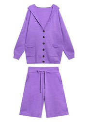 Women's autumn plus size fashion knitted cardigan shorts purple two-piece - bagstylebliss