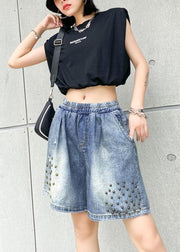 Women's loose straight denim blue shorts large size thin section rivet hole five-point pants - bagstylebliss