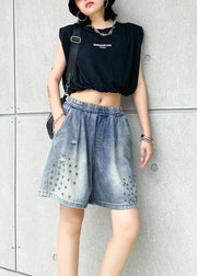 Women's loose straight denim blue shorts large size thin section rivet hole five-point pants - bagstylebliss