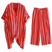 Women's loose suits, wear more red stripes stitching shirts, casual wide-leg pants - bagstylebliss