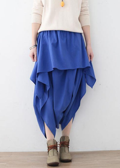 Women's original design literary irregular asymmetric blue cropped trousers - bagstylebliss