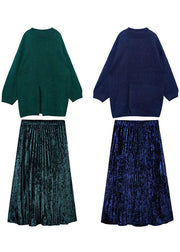 Women's spring plus size sweater mid-length velvet skirt pleated skirt two-piece - bagstylebliss