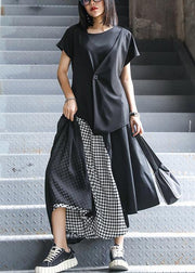 Women's summer mid-length a-line skirt high waist fashion black stitching chiffon plaid skirt - bagstylebliss