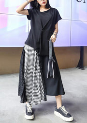 Women's summer mid-length a-line skirt high waist fashion black stitching chiffon plaid skirt - bagstylebliss