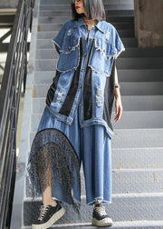 Sold Out- trendy large size thin western denim blue waistcoat wide leg pants two-piece suit - bagstylebliss
