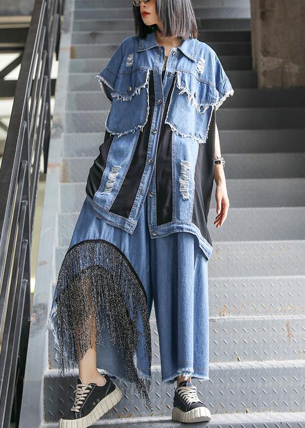 Sold Out- trendy large size thin western denim blue waistcoat wide leg pants two-piece suit - bagstylebliss