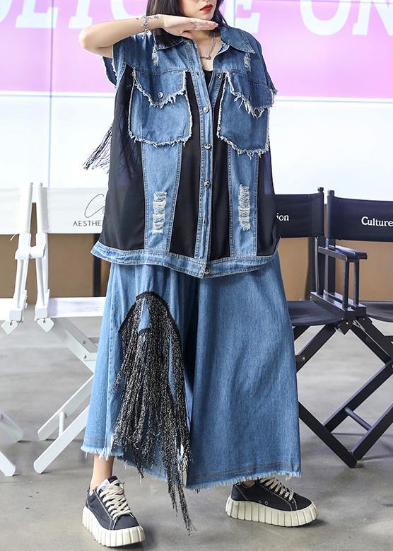 Sold Out- trendy large size thin western denim blue waistcoat wide leg pants two-piece suit - bagstylebliss