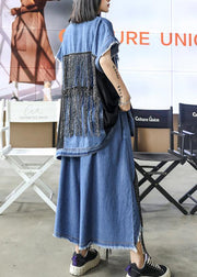 Sold Out- trendy large size thin western denim blue waistcoat wide leg pants two-piece suit - bagstylebliss