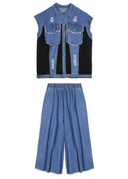 Sold Out- trendy large size thin western denim blue waistcoat wide leg pants two-piece suit - bagstylebliss