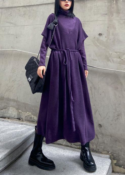 Women's winter fashion loose sweater vest skirt bottoming shirt two piece suit purple skirt - bagstylebliss