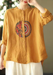 Yellow Button Casual Linen Shirt Tops Stand Collar Long Sleeve