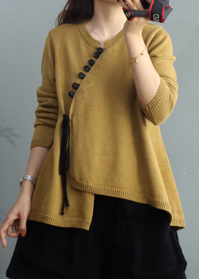 Yellow Button Knitted Tops Cinched Winter